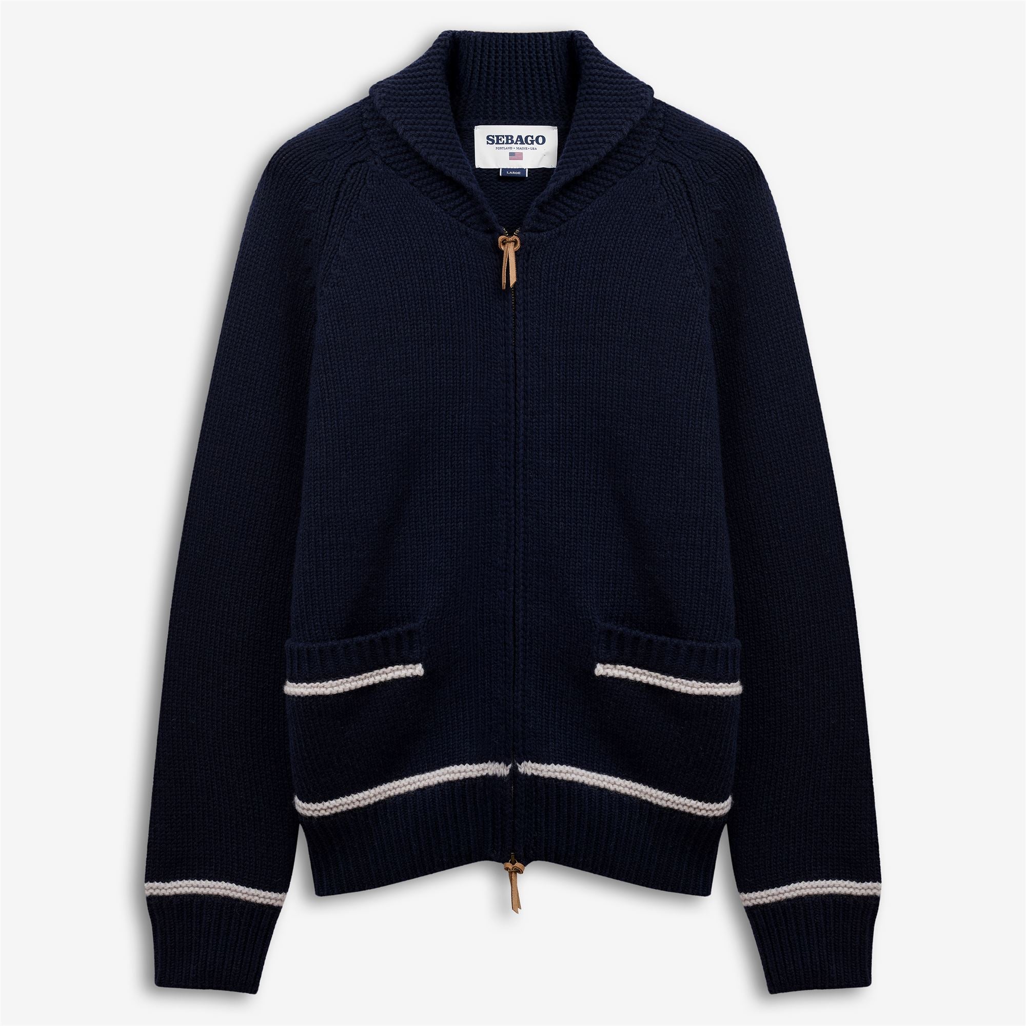 Knitwear_Unisex_PORTCLYDE_Cardigan_Blue DK-White Antique - Commercial 1