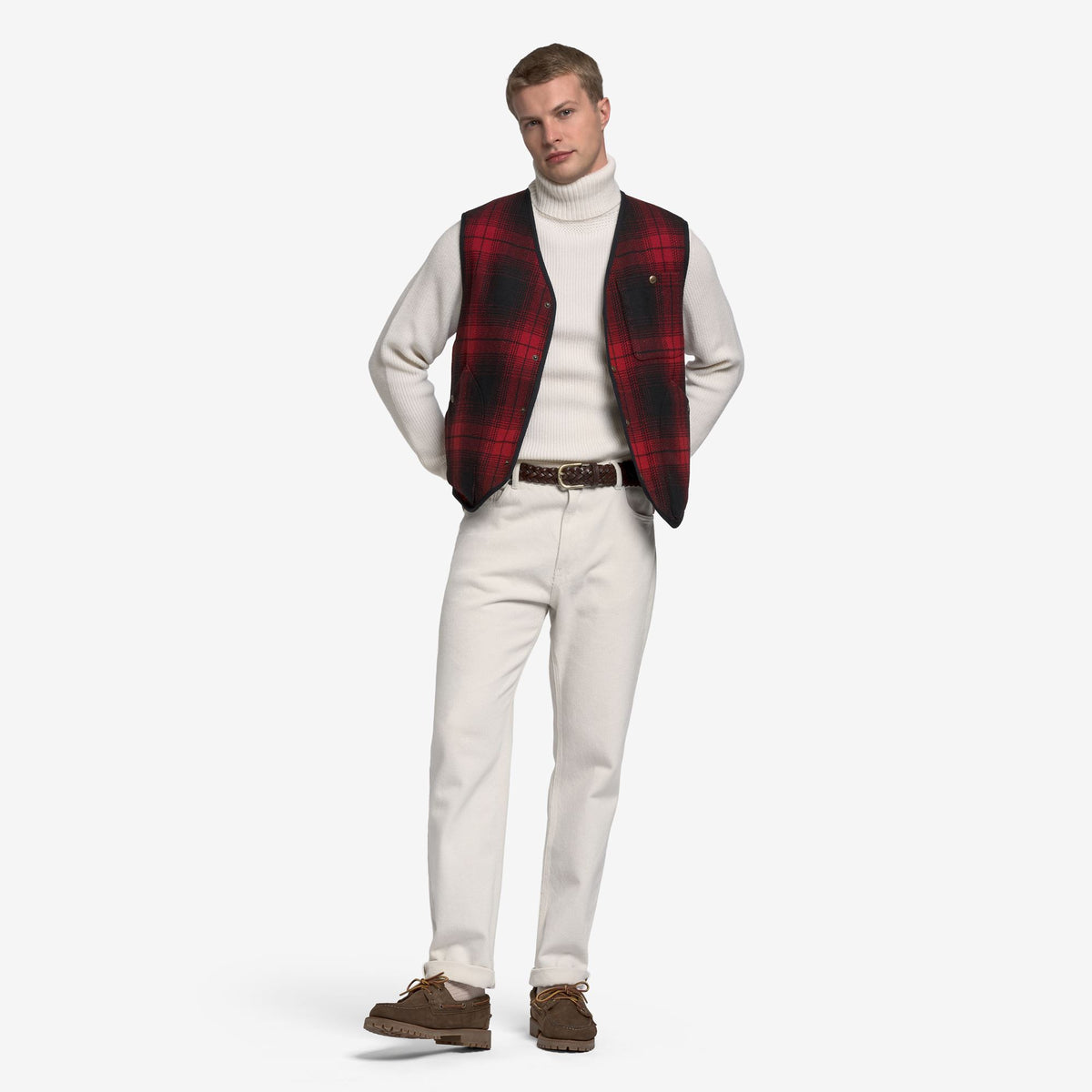 Gilet réversible en laine et toile rouge unisexe