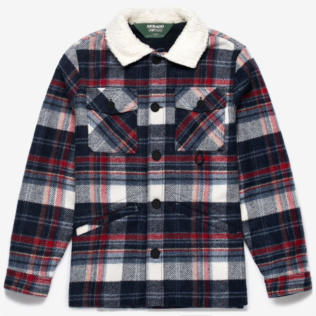 Giacca Utility Unisex in Lana Blu Rossa con Collo Sherpa 01