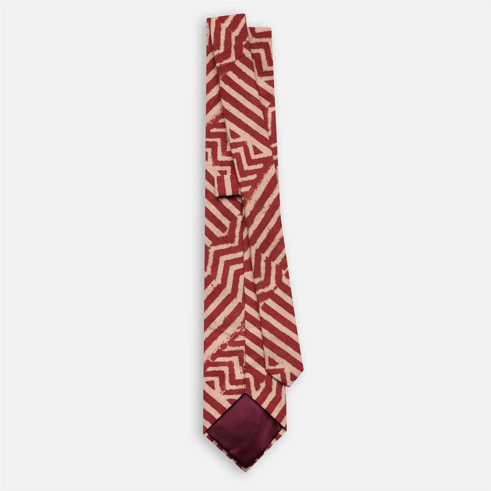Corbata de algodón roja para hombre con diseño de estampado en bloque 02