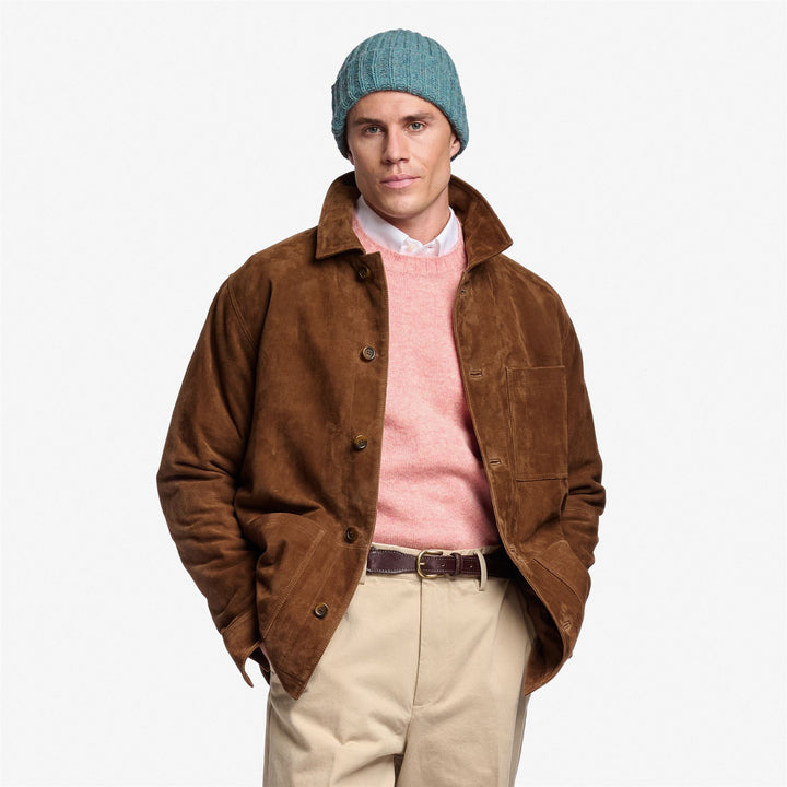 Braune Khaki Unisex Wildleder Freizeit Mid Jacke mit aufgesetzten Taschen 4