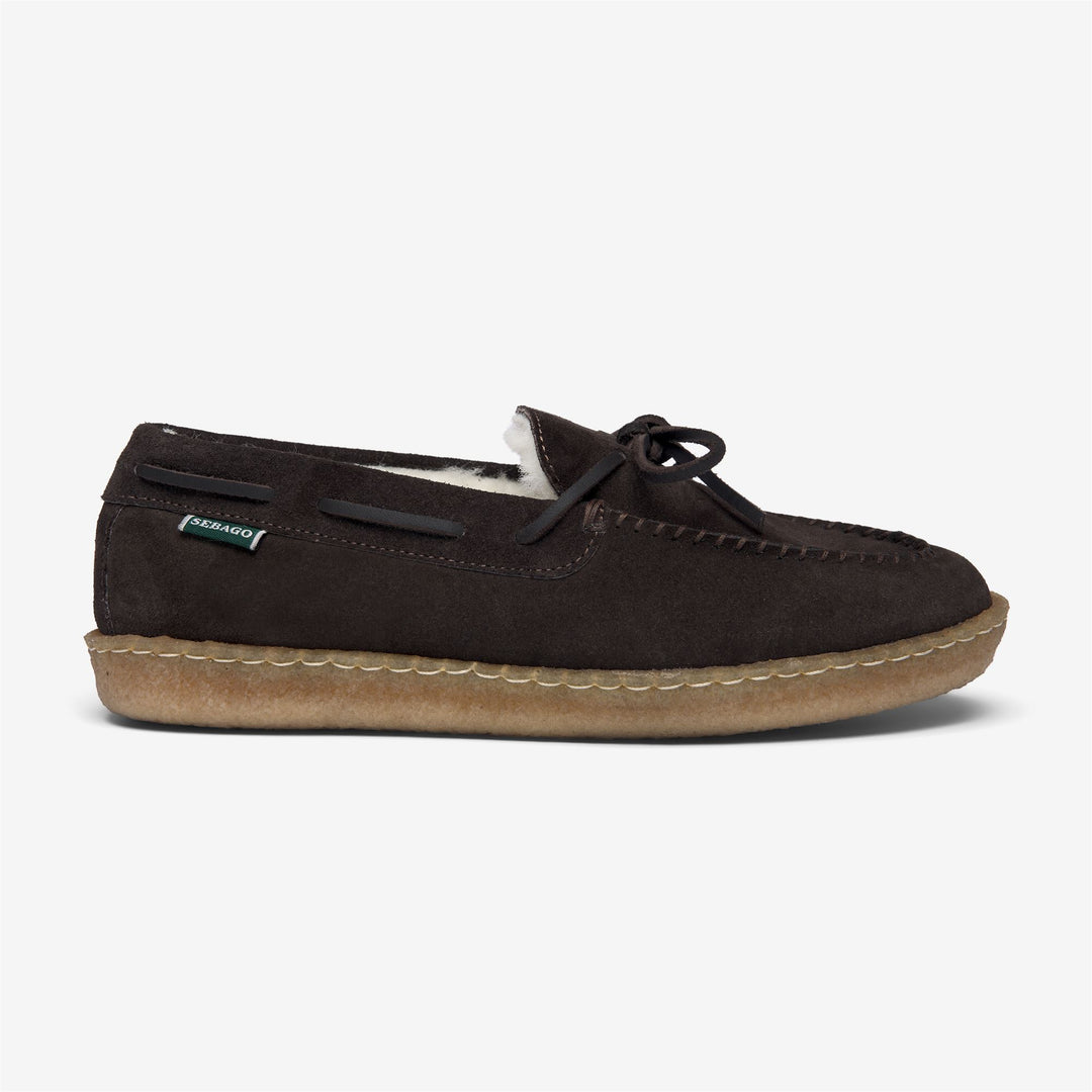 Mocasines Docksides de ante marrón oscuro para mujer con forro de piel sintética. 01