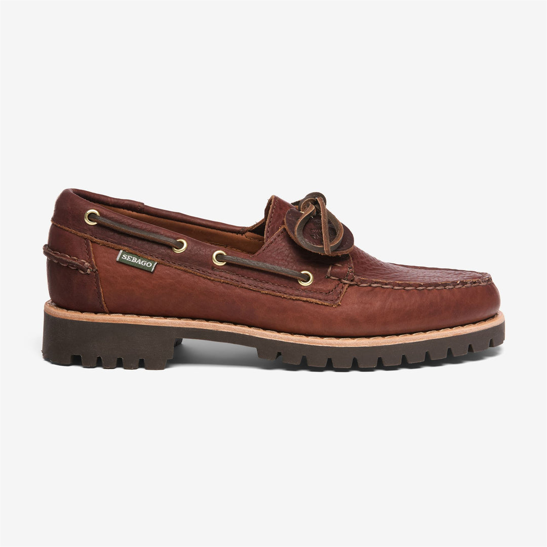 Mocasines Docksides para hombre de color marrón oscuro con parte superior de cuero. 01