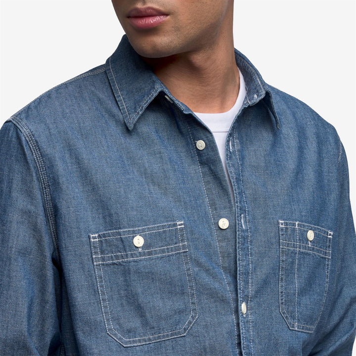 Blue unisex Classic Chambray Work Shirt with Utility Pockets 5