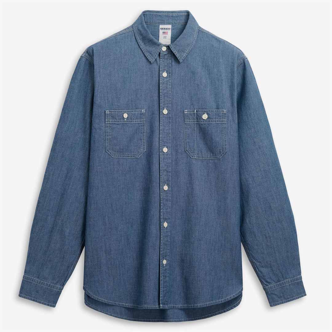 Blaues Unisex-Arbeitshemd aus klassischem Chambray mit praktischen Taschen 01
