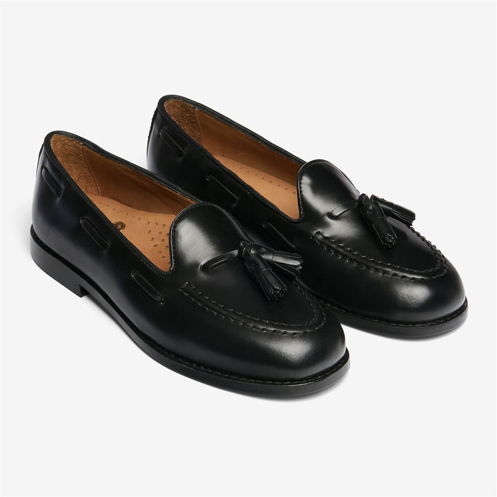 Schwarze Damen-Slipper aus Leder mit Schnürung und Quasten 2