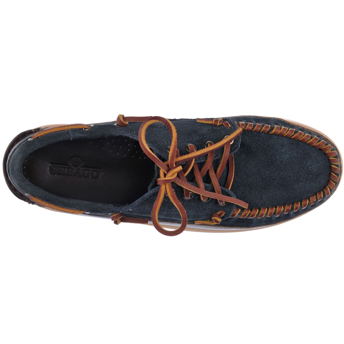 Moc Man KEUKA LEA CANOE MOC Moccasin BLUE NAVY-DK BROWN Dressed Back (jpg Rgb)		