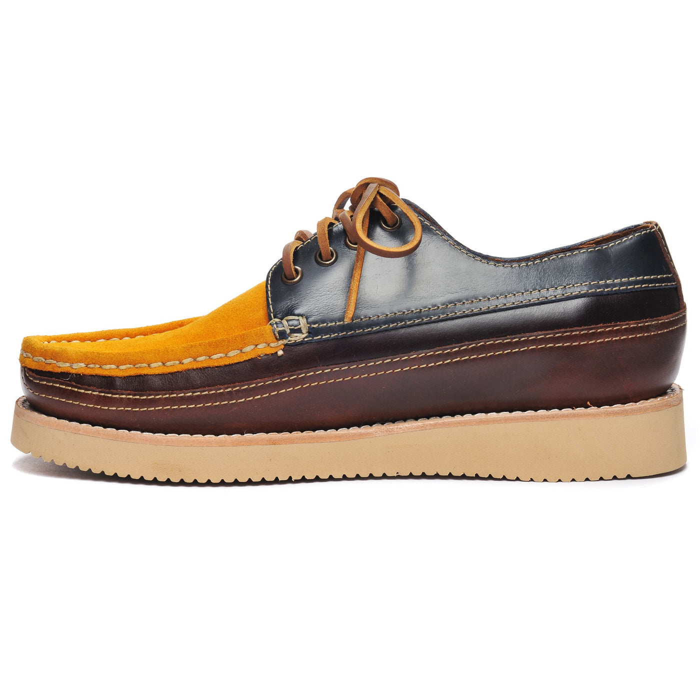 Moc Man MAKWA Moccasin BROWN- BROWN TAN- YELLOW MIMOSA- BLUE NAVY Dressed Side (jpg Rgb)		