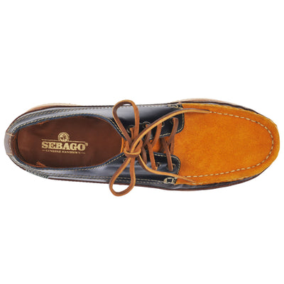 Moc Man MAKWA Moccasin BROWN- BROWN TAN- YELLOW MIMOSA- BLUE NAVY Dressed Back (jpg Rgb)		